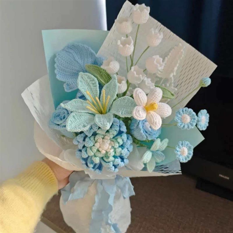 毛线编织手工花束成品送人玫瑰向日葵插花客厅摆件订婚仿真蓝粉色