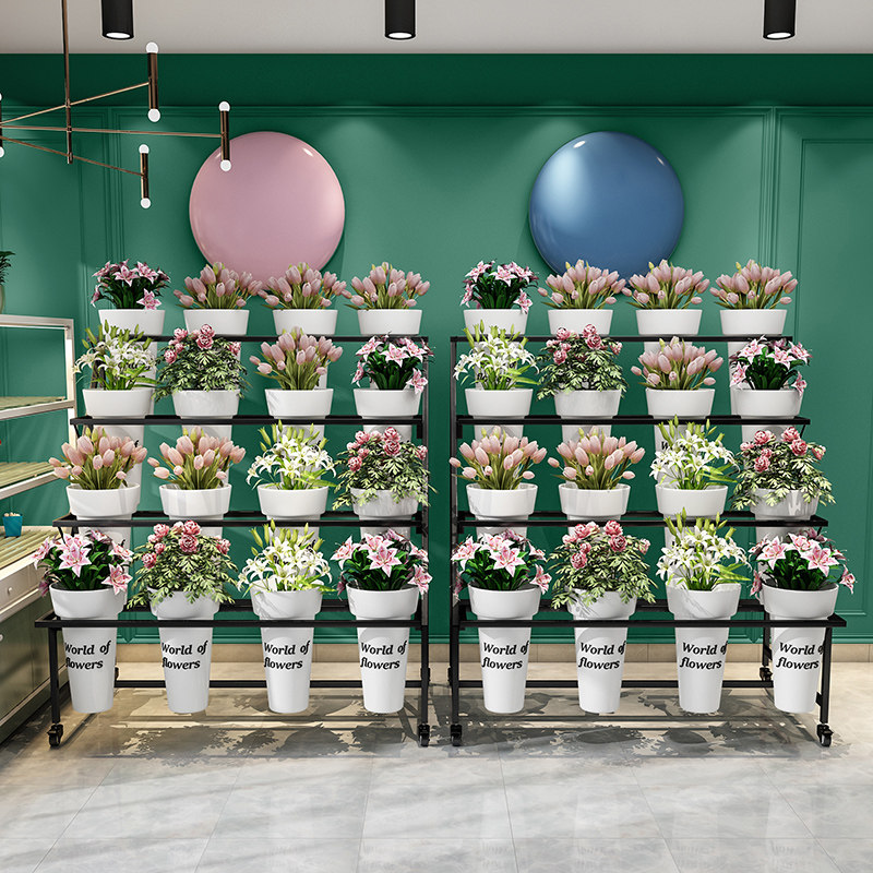 花店鲜花展示架多层阶梯花架可移动铁艺花架花店多功能花桶展示架