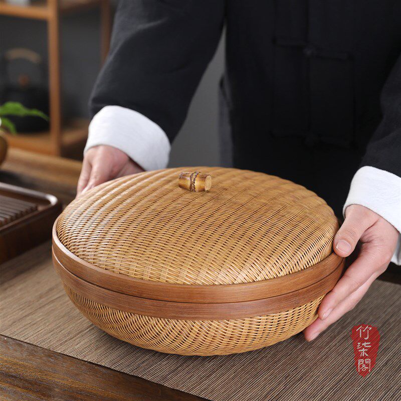 竹编收纳筐水果篮手工竹丝编织带盖篮子点心篮簸箕茶具收纳竹篮筐