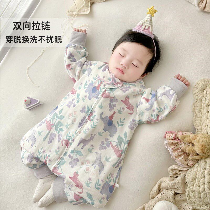 婴幼儿分腿睡袋宝宝竹棉纱布六层春秋冬护肚防踢被连体睡衣空调服