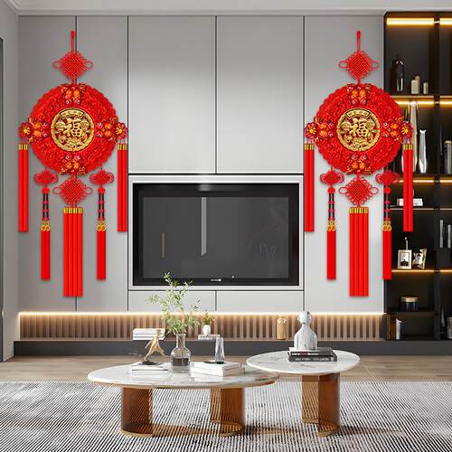 中国结挂件桃木雕刻福字大号电视墙玄关门上走廊装饰春节喜庆挂饰
