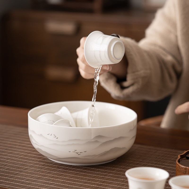 羊脂玉水墨远山大号茶洗笔洗水盂洗茶杯碗白瓷家用洗茶具盆茶渣缸