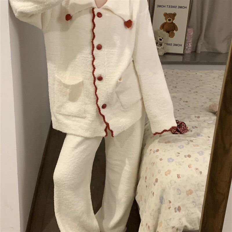 韩版少女半边绒睡衣女冬季加厚毛绒松弛感家居服套装秋冬2025新款