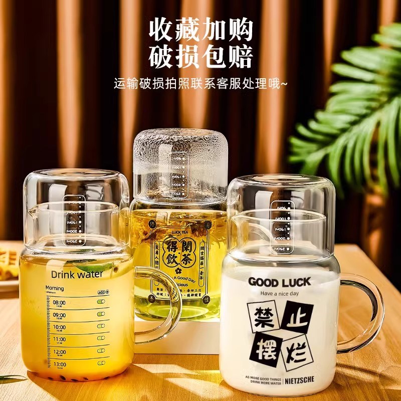 进口大容量耐高温玻璃杯家用带把手泡茶杯女士高颜值带盖吸管杯子