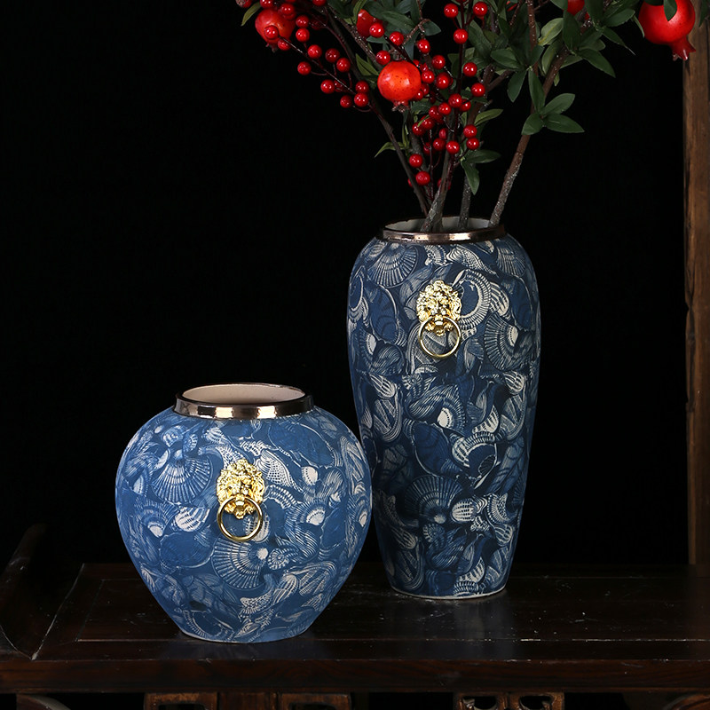 景德镇金口干花陶瓷青花瓷花瓶欧式中式花器台面花插插花复古摆件