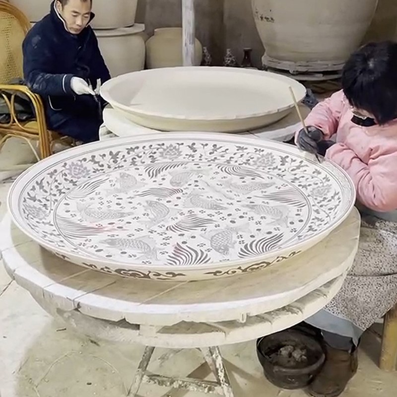 陶瓷海鲜大盘特大号青花瓷超大盘子装饰盘挂盘1m大盘摆件定制厂家