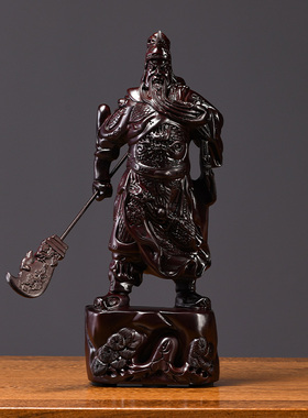 黑檀木雕关公摆件招财客厅横刀武财神红木工艺品实木立刀关羽开业