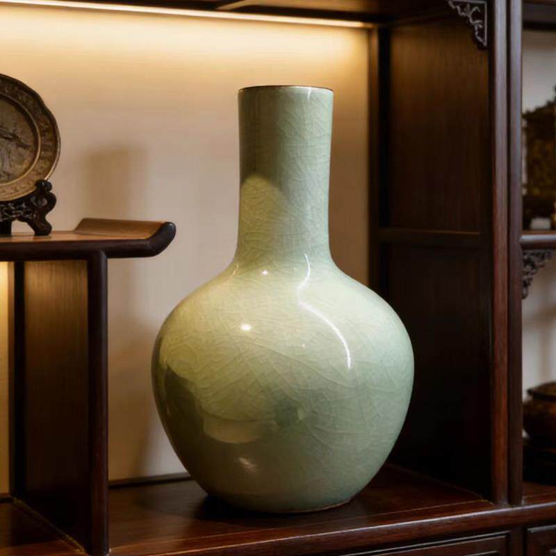 景德镇陶瓷器仿古冰裂纹天球瓶中式客厅插花博古架玄关装饰品摆件