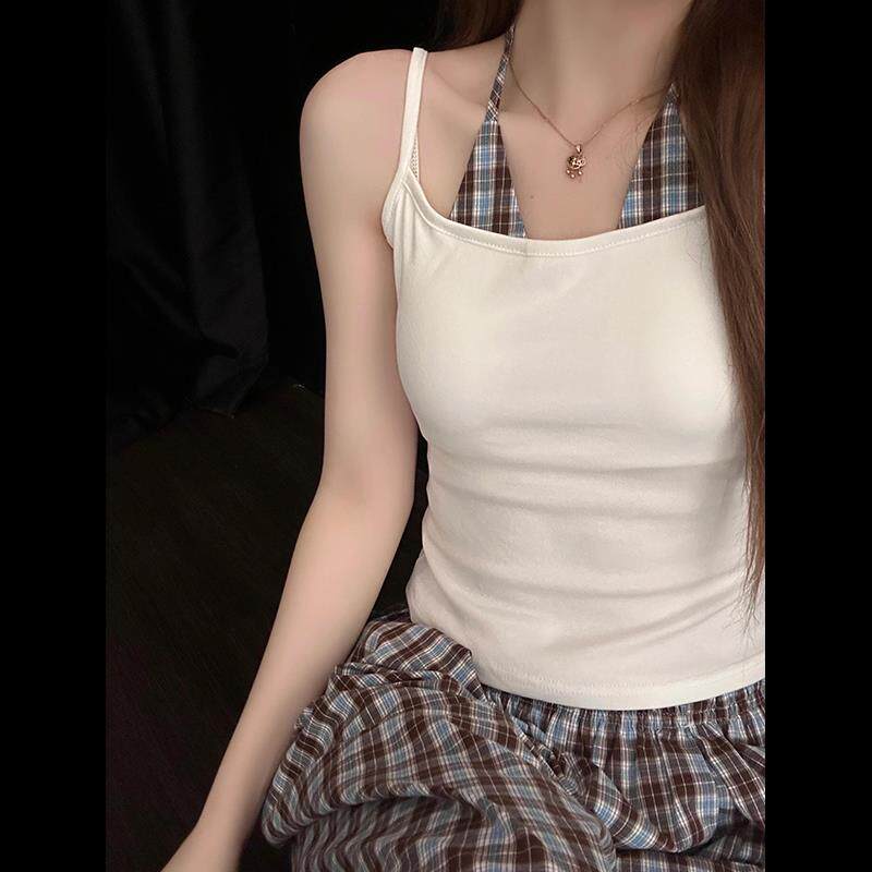 纯欲风格纹挂脖假两件带胸垫睡衣女夏款修身吊带长裤家居服两件套