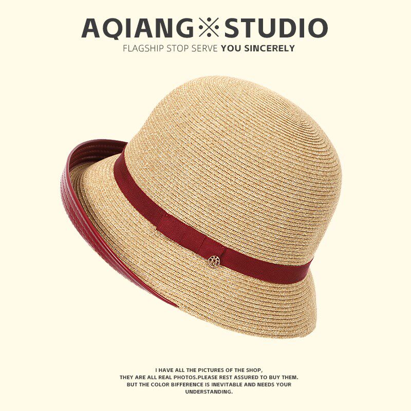 日式草帽女夏天遮阳凉帽卷沿赫本风百搭盆帽细草编织渔夫帽子女士