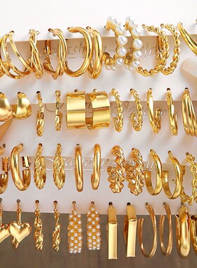 欧美新款金属耳圈方形几何形耳环耳环套装组合ins风earrings set