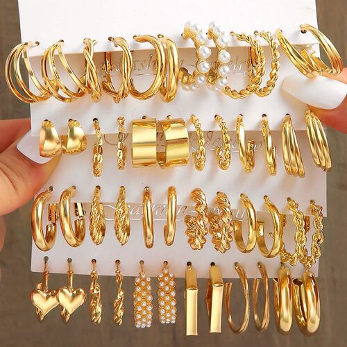 欧美新款金属耳圈方形几何形耳环耳环套装组合ins风earrings set