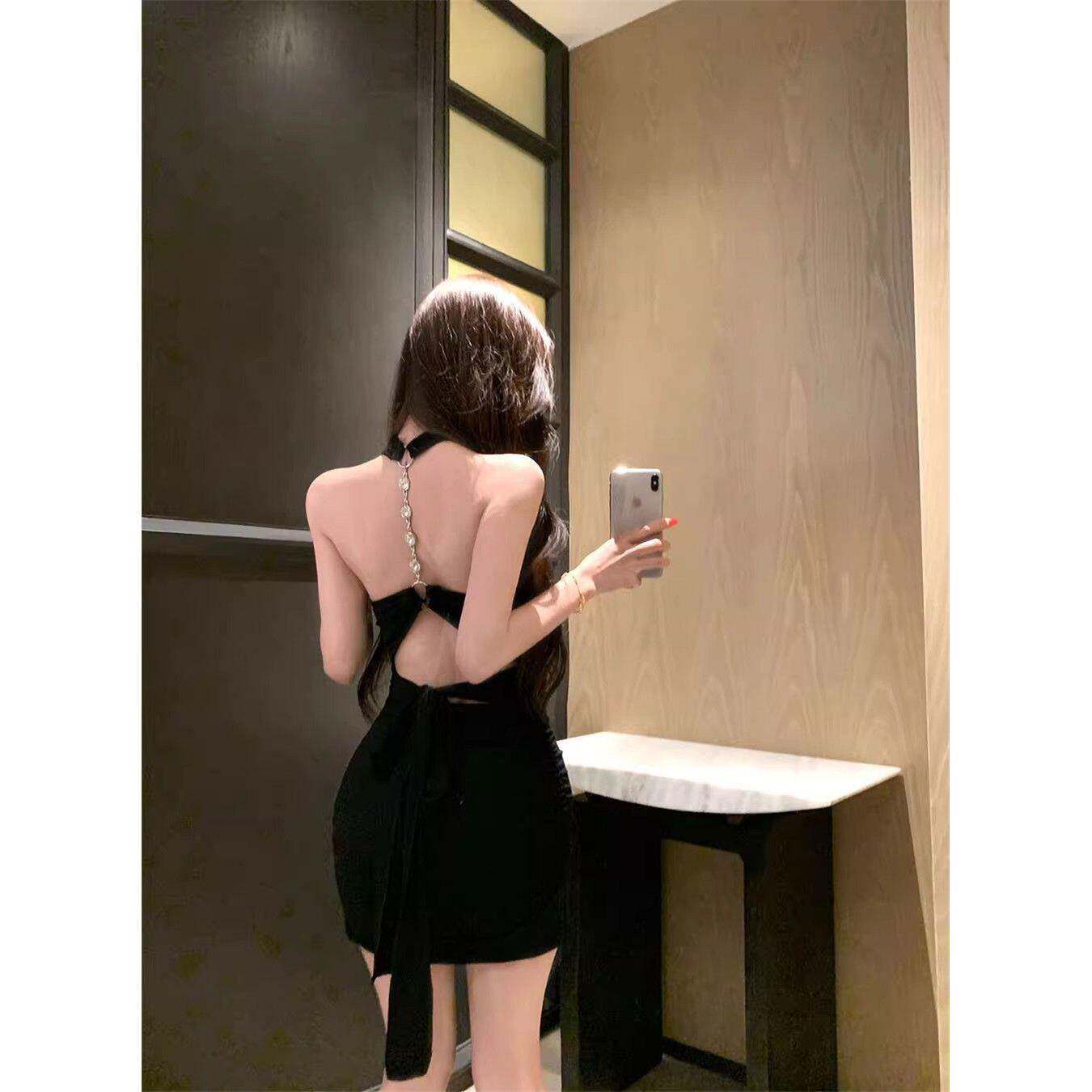 名媛风挂脖绑带吊带连衣裙女夏季纯欲风性感紧身露背收腰包臀短裙