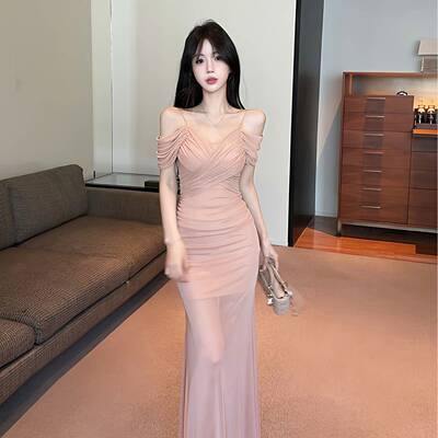 性感辣妹风吊带网纱洋装女气质露肩收腰显瘦包臀长裙子夜场礼服