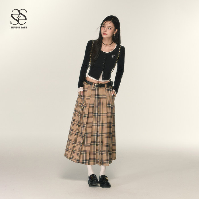 SereneEase 复古格纹百褶半身裙女秋季新款百搭A字裙过膝长裙子
