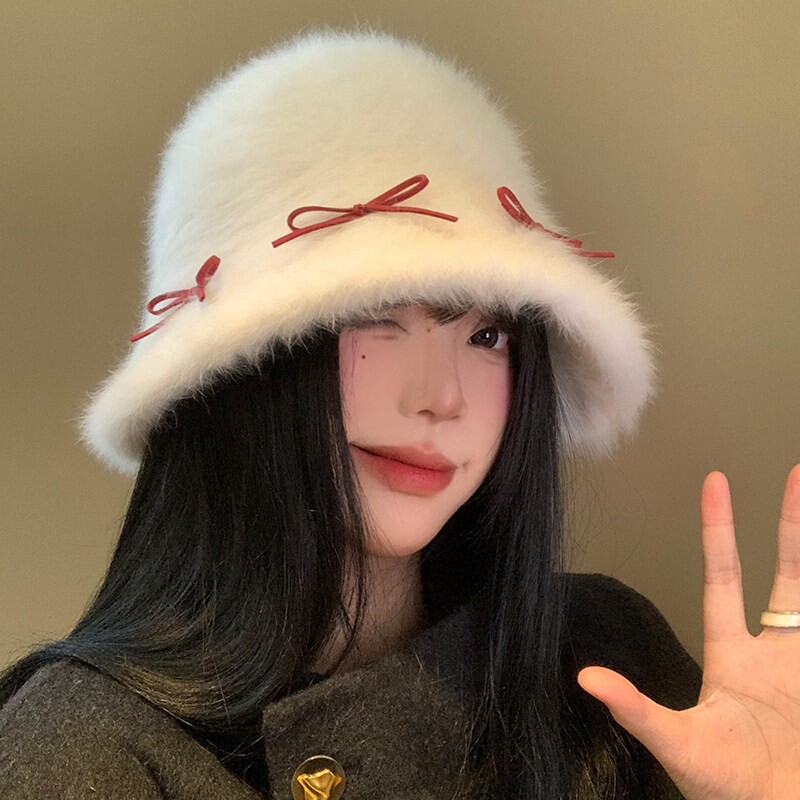 兔毛蝴蝶结毛绒渔夫帽女秋冬季大头围显脸小白色水桶帽保暖帽子潮