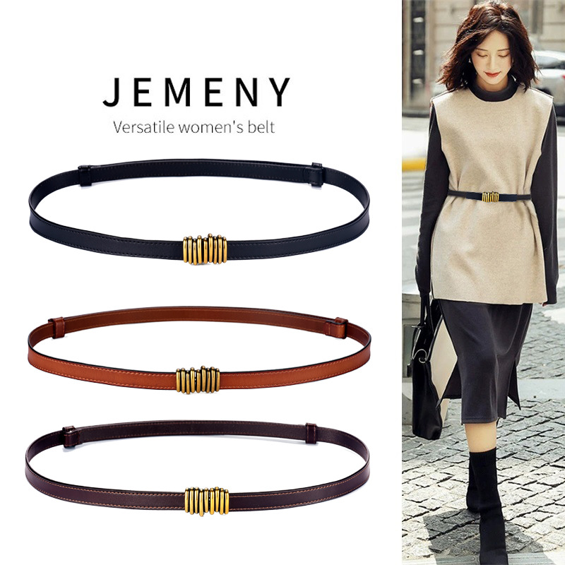 真皮细腰带配连衣裙黑色小皮带女