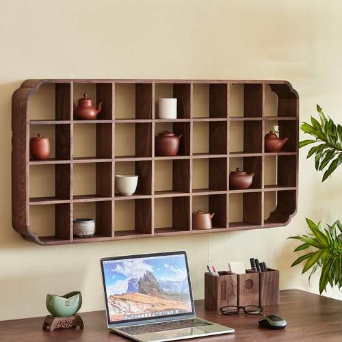 北美黑胡桃木实木墙上茶室博古架茶具壁挂式多宝阁中式茶杯置物架