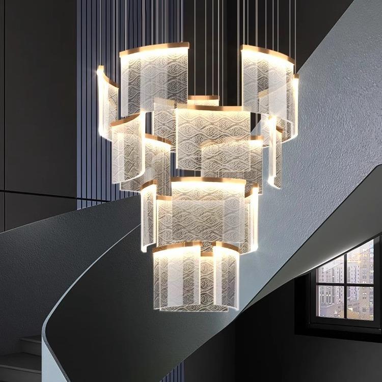 高档大客厅灯复式楼别墅吊灯楼梯间长吊灯旋转挑空轻奢祥云灯艺术