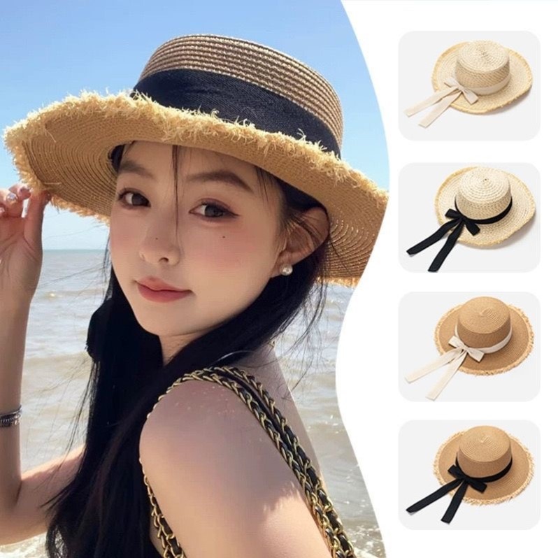 法式系带草帽女夏毛边拉菲草帽子蝴蝶结沙滩赫本风蕾丝太阳帽大沿