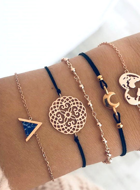 现货爆款手链链条街拍欧美三角黑色松石合金月亮五件套