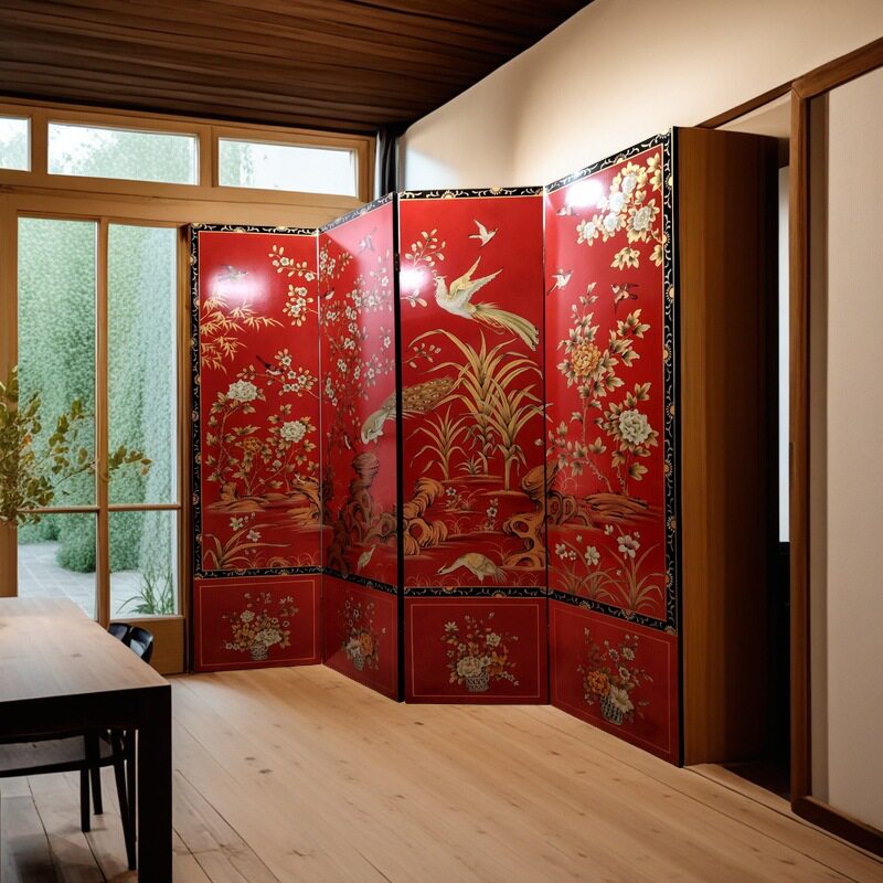 高贵红手绘花香鸟语屏风新中式风格客厅沙发背景隔断寓意百花齐放