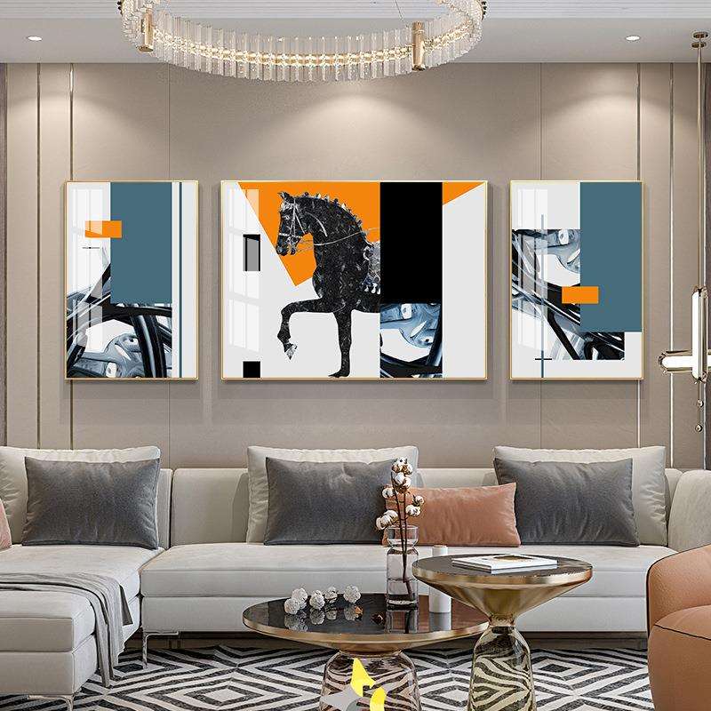 美式轻奢客厅装饰画北欧风抽象骑士马三联画橙色软装现代晶瓷挂画