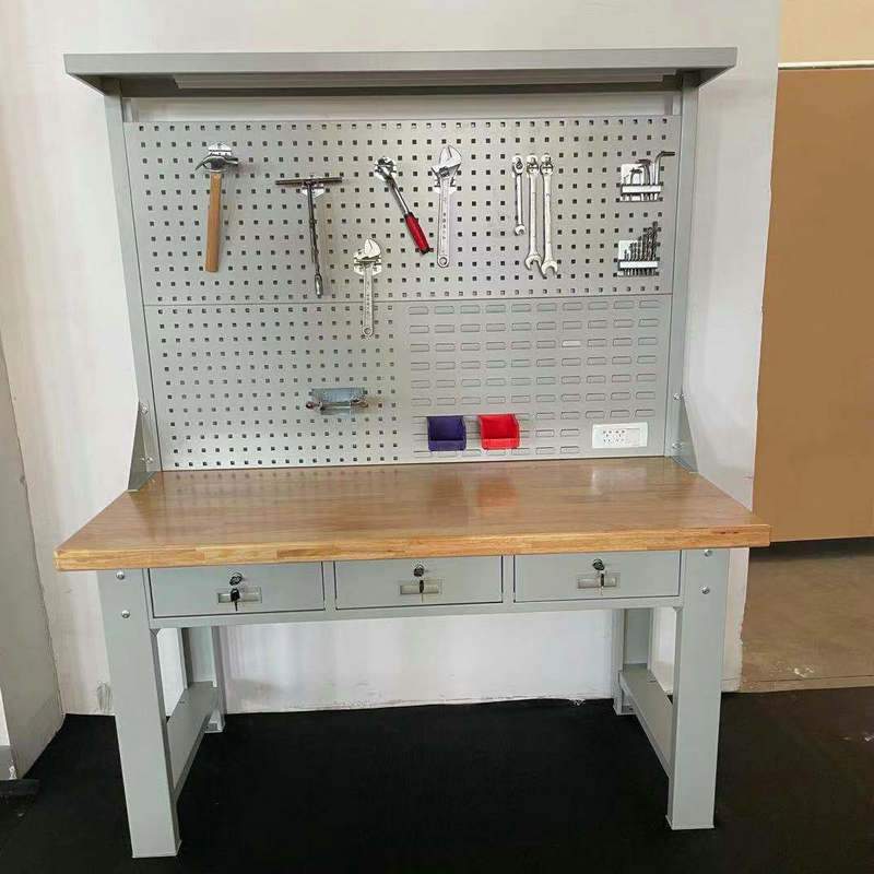 供应重型实木台面钳工工作台橡木车间带挂板装配台