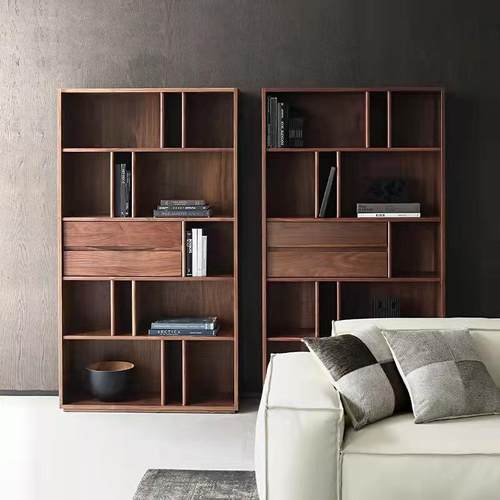 北美黑胡桃全实木书柜书架现代简约新中式一体整墙收纳柜置物边柜