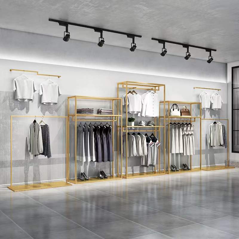 热卖服装店展示架落地式女装店陈列货架铁艺衣架双层金色挂衣架