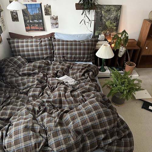 美式复古条纹格子全棉水洗棉床上四件套北欧简约纯棉床单被套床笠