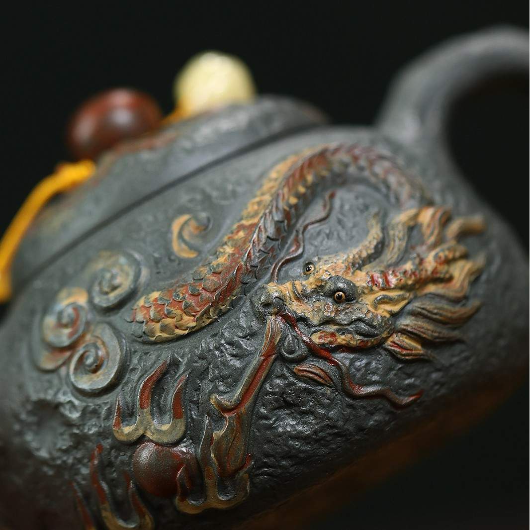宜兴紫砂壶原矿墨绿泥蛟龙戏珠供春壶手工制作泡茶具直销代发