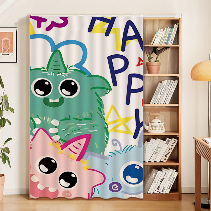 卡通书柜防尘帘柜子遮挡帘免打孔书架柜帘魔术贴挂帘轨道式杂物柜