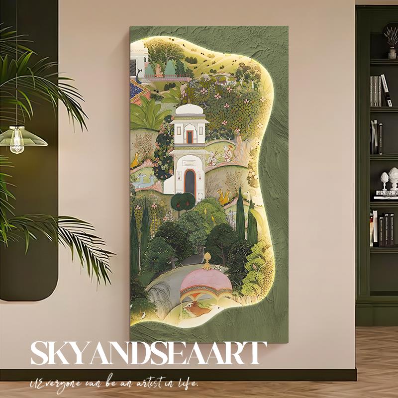 中古风带灯玄关装饰画法式覆古走廊过道挂画高级感艺术入户门壁画