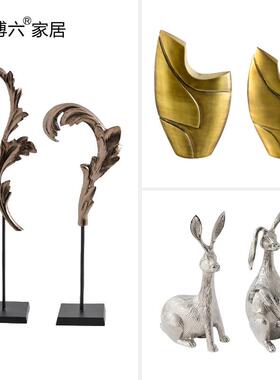 现代简约金属树叶造型雕刻异型玄关艺术摆件抽象银色兔子装饰摆设