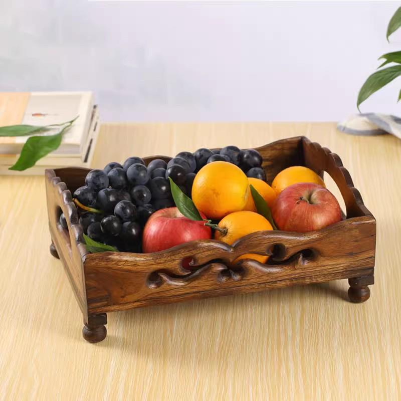 2024年新款水果盘家用客厅茶几覆古泰国实木质镂空托 托盘餐桌零