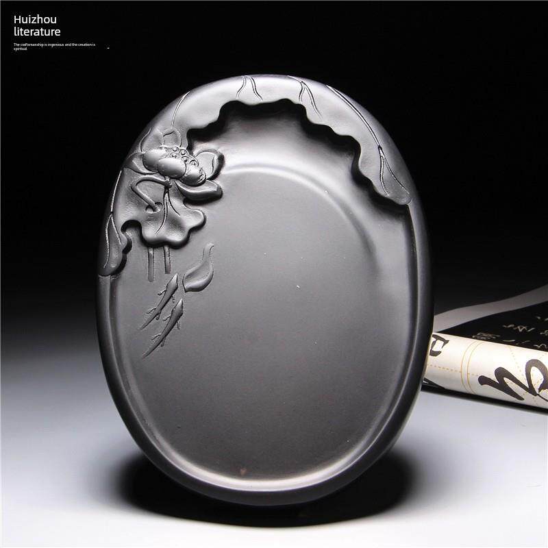 天然原石砚台、鱼玩荷叶房、正宗徽元砚台、名师设计、书房高端礼