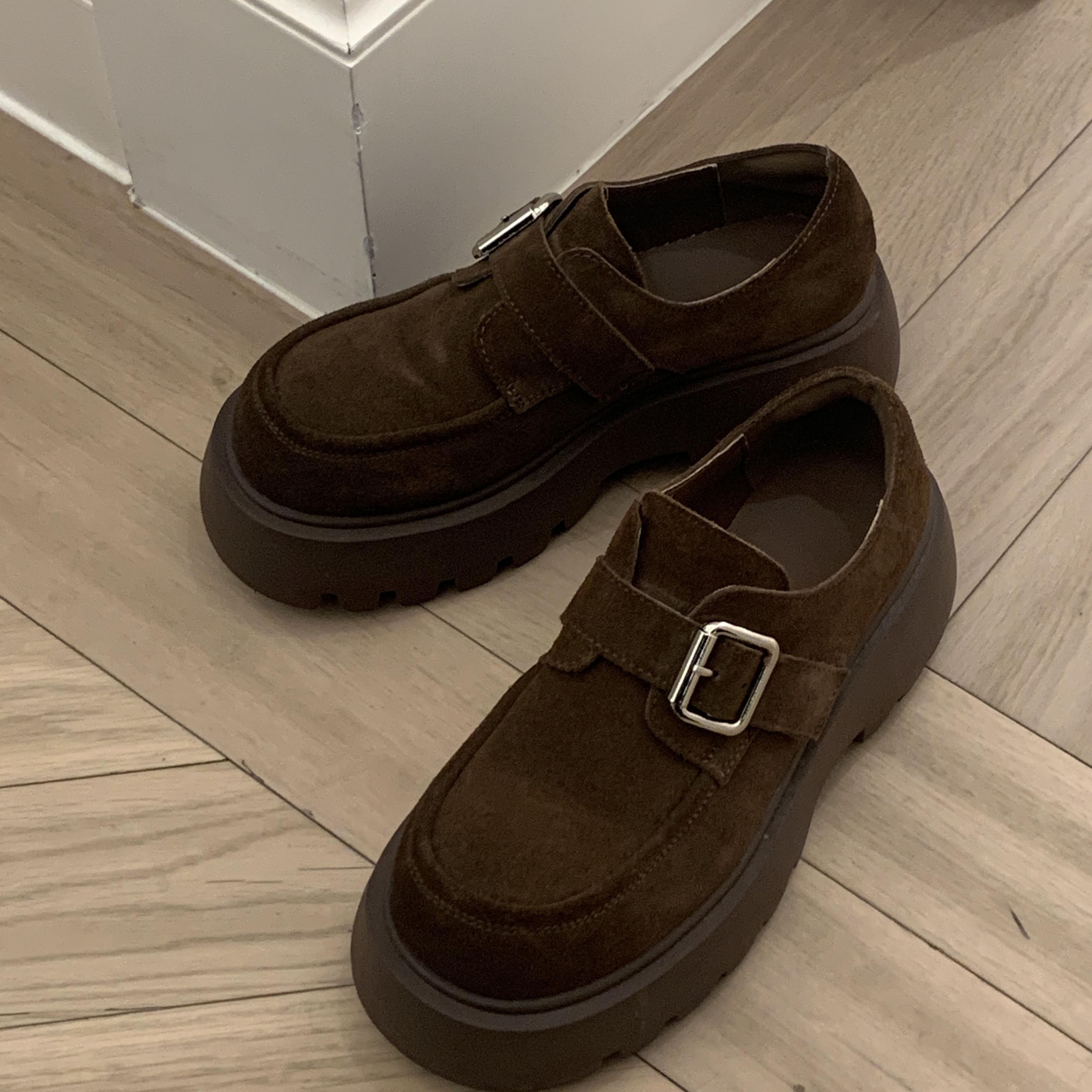 复古麂皮松糕厚底增高英伦风皮鞋