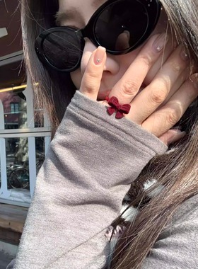 PAPANI趴趴妮12/23 复古红酒红色植绒蝴蝶结可调节甜美可爱戒指