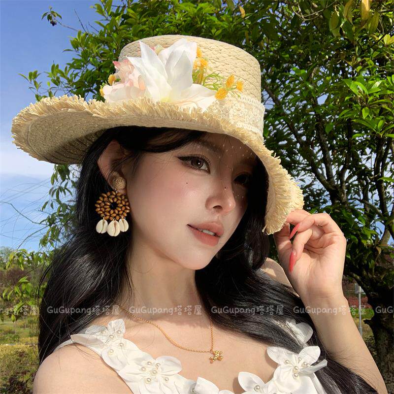米色蕾丝花朵草编大帽檐草帽女2026新款度假风外防晒遮阳帽太阳帽