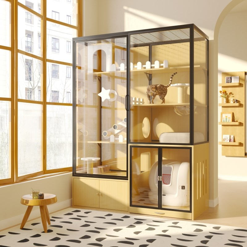 定制楼梯猫笼子阳台猫别墅猫屋实木展示寄养柜子玻璃繁育宠物房子图片