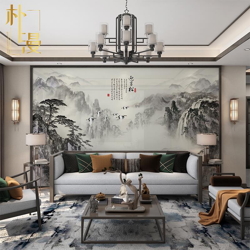 水墨山水画别墅岩板背景墙新中式客厅沙发瓷砖图案茶室墙砖迎客松