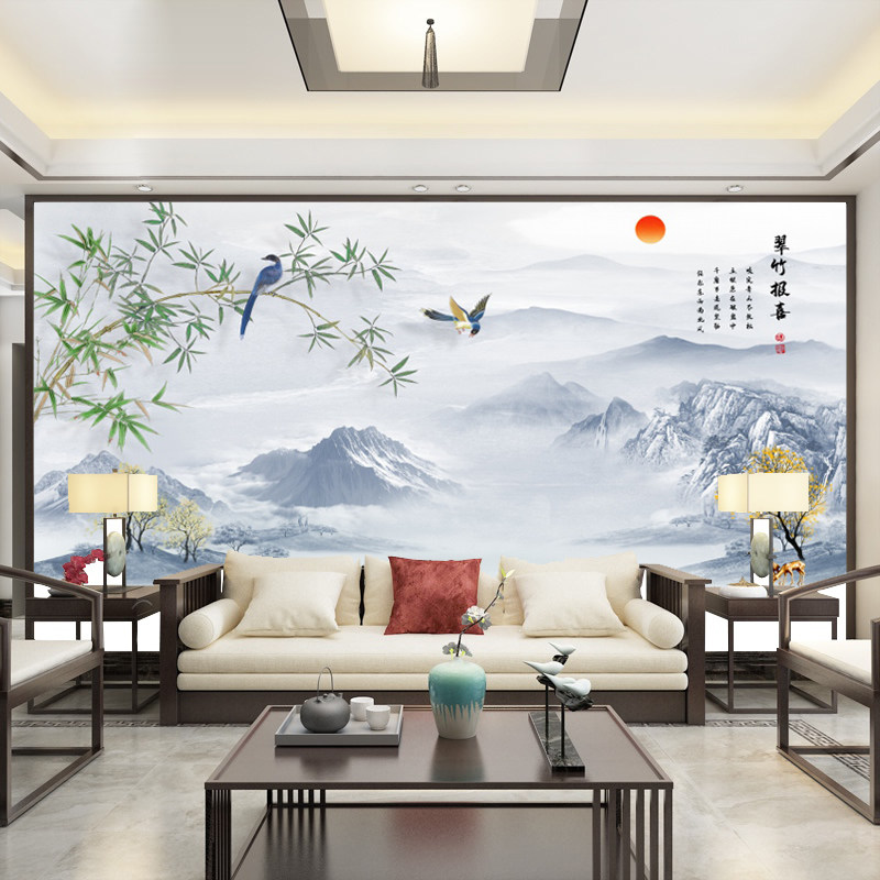2023新款山水壁画客厅沙发电视背景墙画影视墙纸壁纸壁布新中式8D