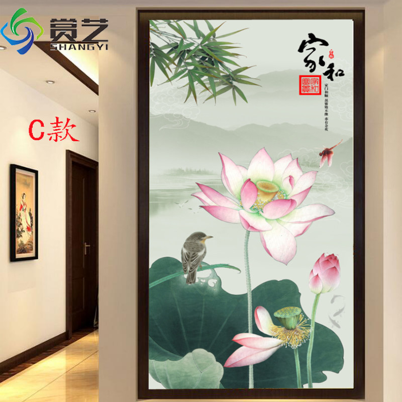 3d立体客厅瓷砖入户玄关壁画简约过道微晶中式卫生间背景墙荷花鱼
