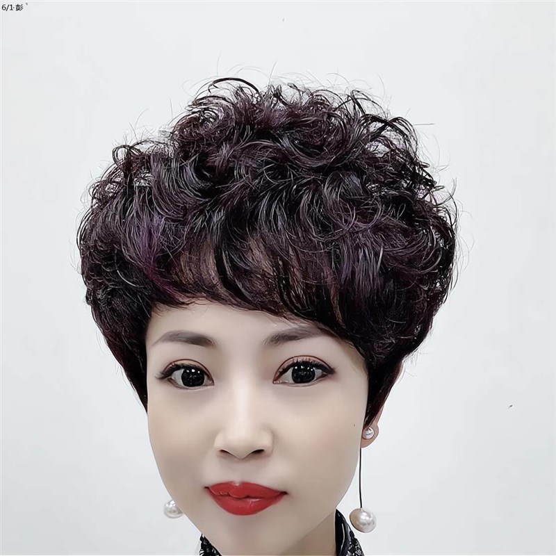 全手工全真发假发女中老年女士短发短卷发全头套式全真人发假发套