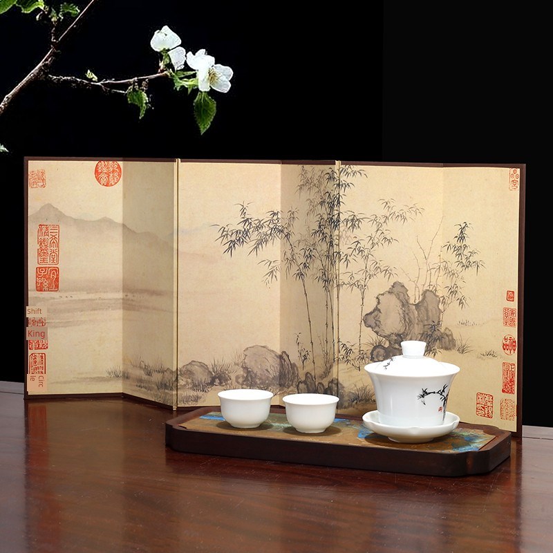 桌面小屏风仿古复古装饰摆件茶室书桌文创文玩装饰品摆台背景道具