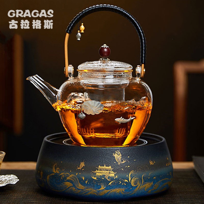 高档玻璃煮茶壶纯手工镶银蒸汽煮茶器家用黑茶白茶电陶炉套装
