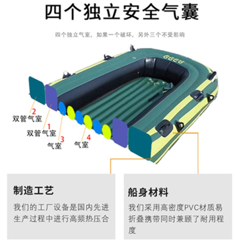 皮划艇单人充气船加厚橡皮艇电动钓鱼船木船2/3/4人气垫船冲锋舟