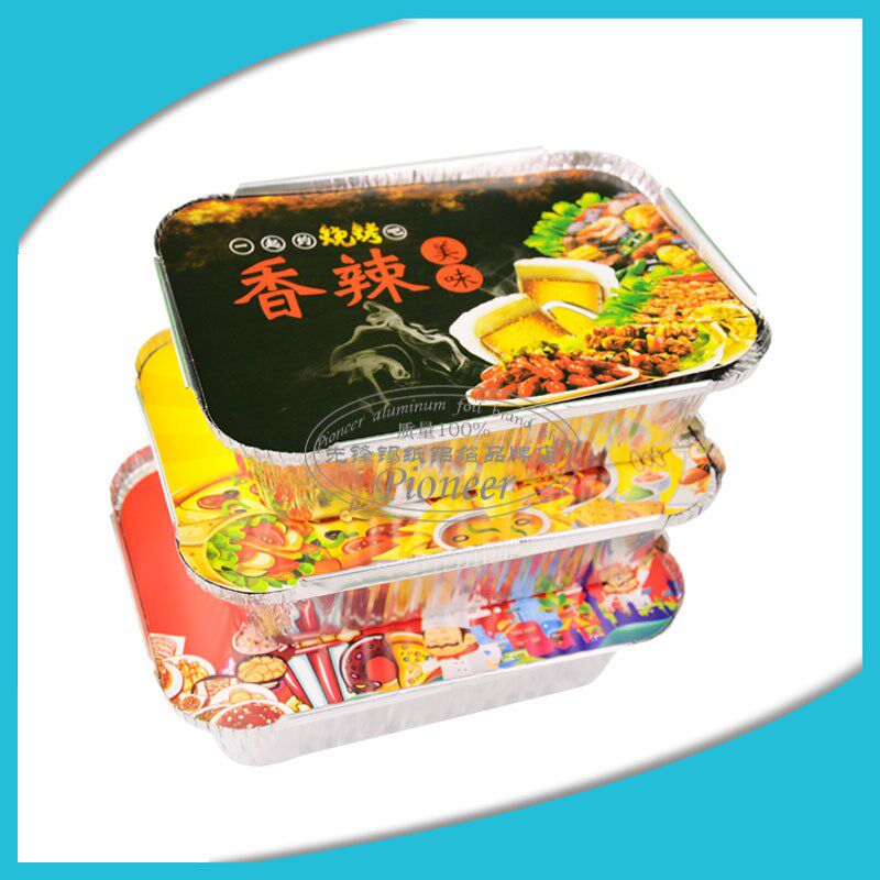 烧烤长方形锡纸盒带彩色纸盖印刷订制外卖打包耐高温大号铝箔餐盒