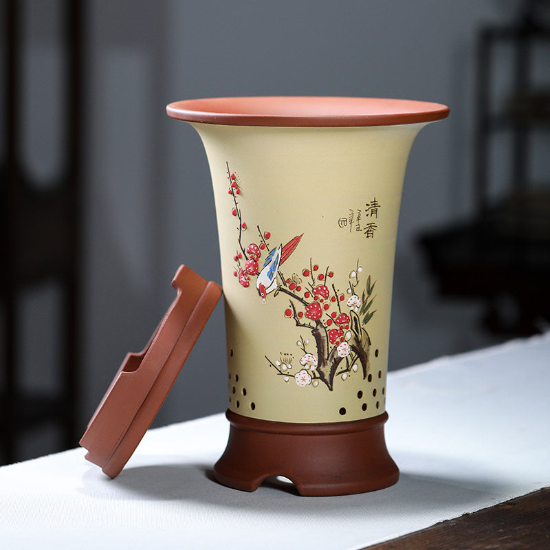 宜兴紫砂花盆精品花盆兰花盆桌面绿植古典花盆手工刻绘圆形